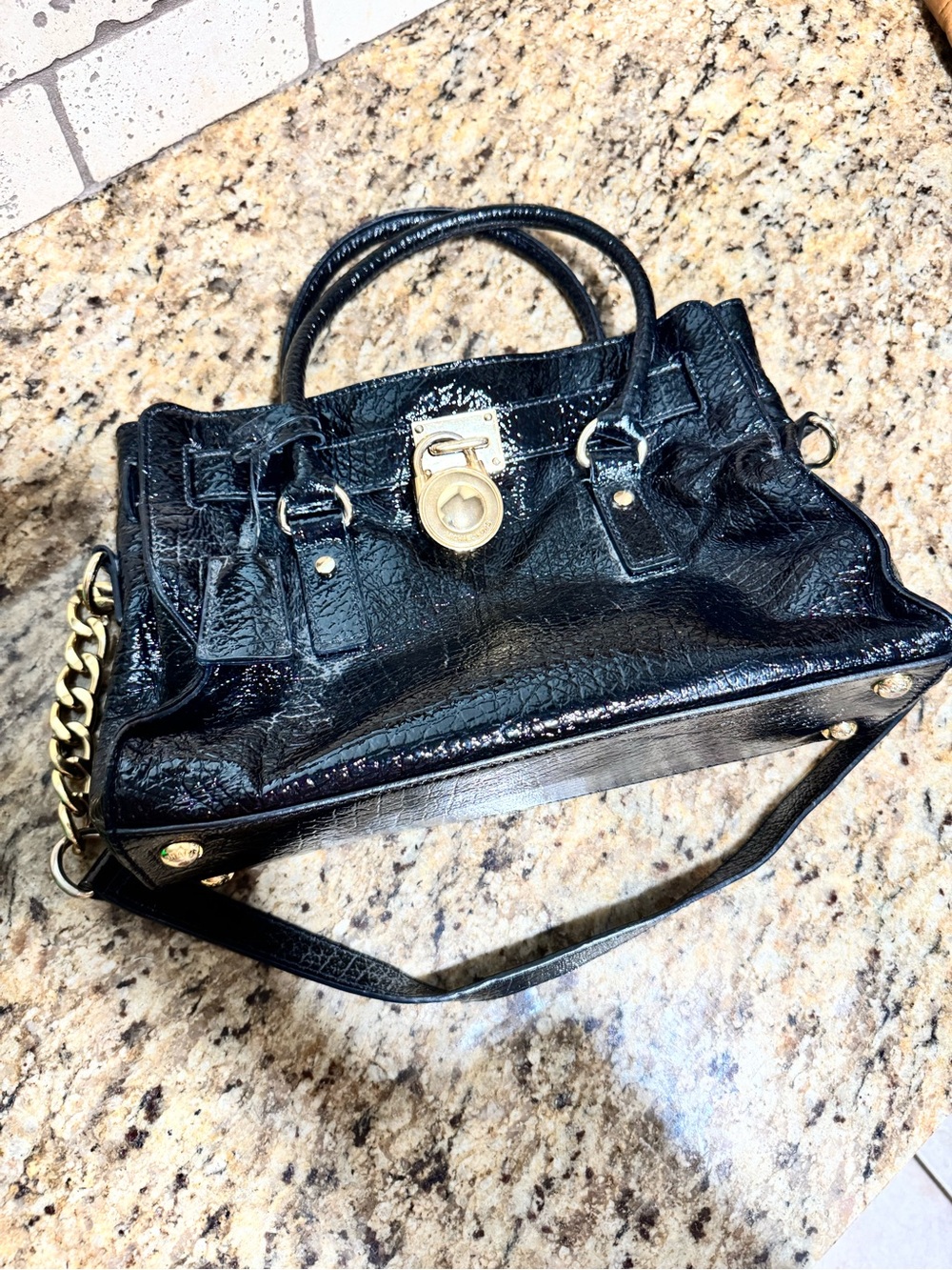 Michael Kors Black Patent Satchel with Gold Hardware
